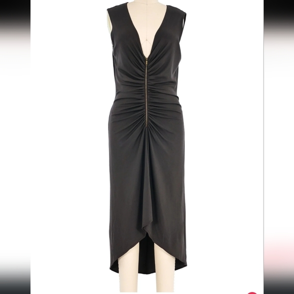 Celine Sable/Gray Ruched Deep V/ Zip Front Dress, Sz 40 - Picture 3 of 16